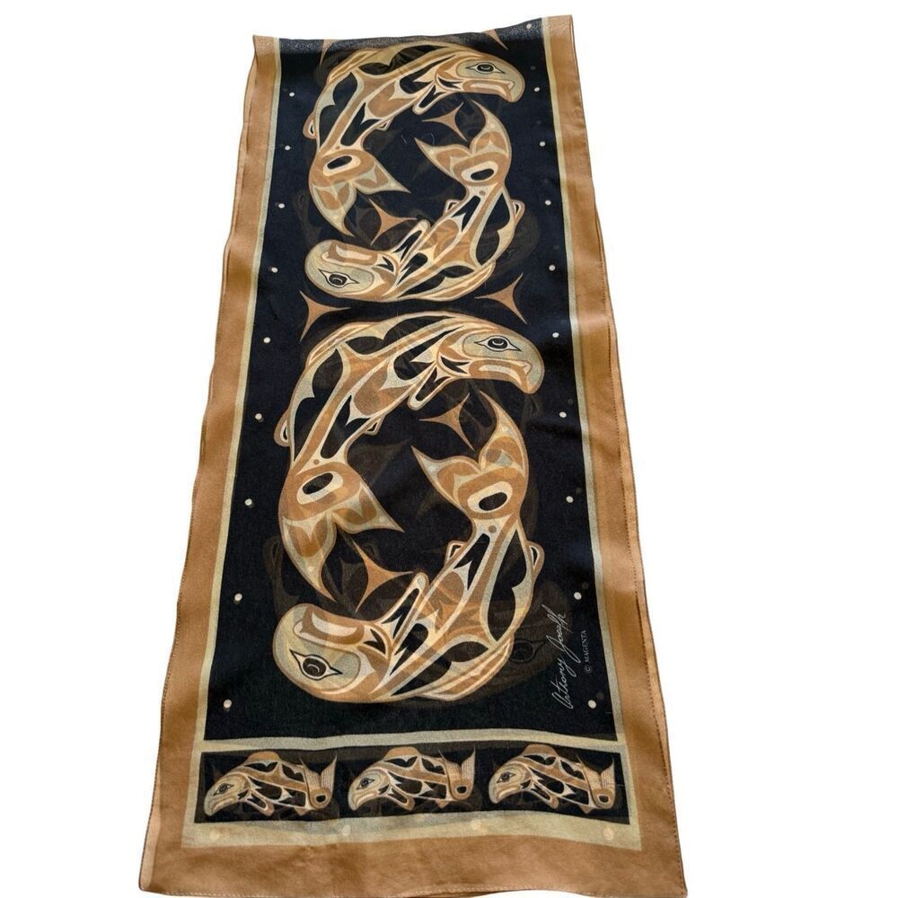 Vintage Anthony Joseph Scarf Coast Salish ‘Circle of Life’ Salmon Art Earthy